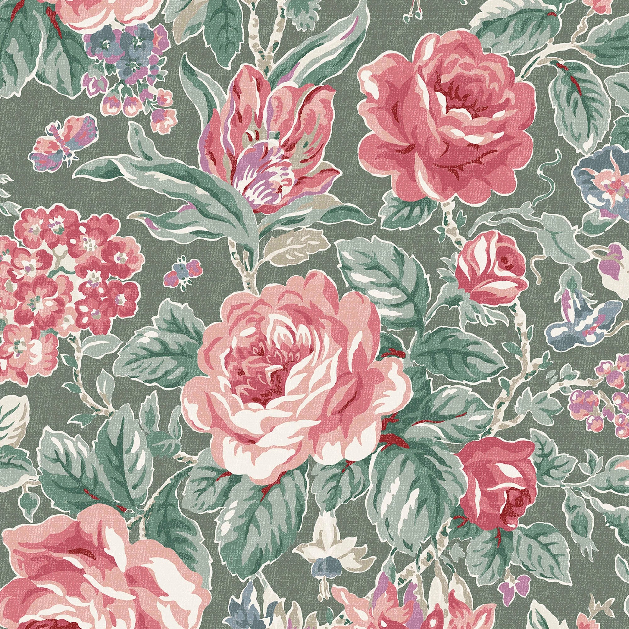 122754 Wild Roses Fern Green Wallpaper by Laura Ashley