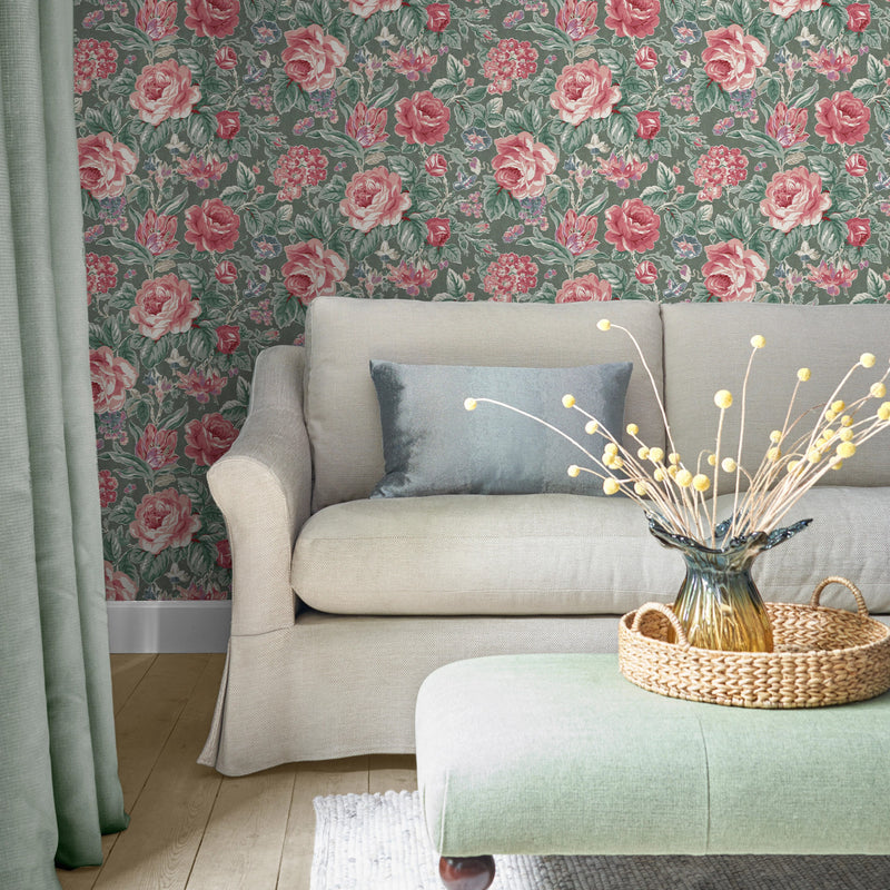 122754 Wild Roses Fern Green Wallpaper by Laura Ashley
