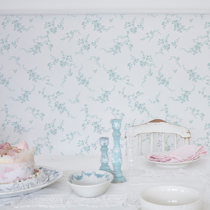 125108 Butterflies Duck Egg Wallpaper by Rachel Ashwell