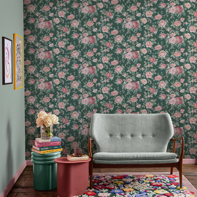 125502 Garden Rose Green Wallpaper by Cath Kidston