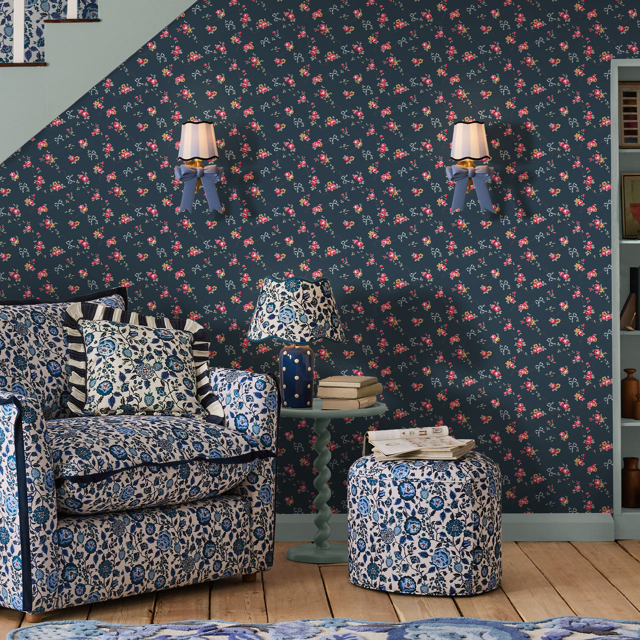 125512 Rows and Bows Navy Wallpaper by Cath Kidston