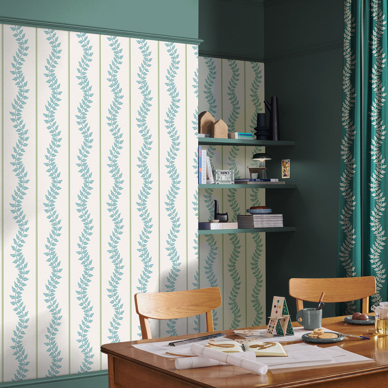 130290 Laurel Leaf Stripe Concerto Blue and Green Wallpaper By Graham & Brown