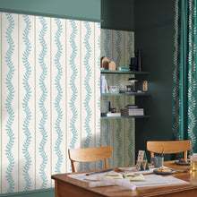 130290 Laurel Leaf Stripe Concerto Blue and Green Wallpaper By Graham & Brown