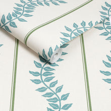 130290 Laurel Leaf Stripe Concerto Blue and Green Wallpaper By Graham & Brown