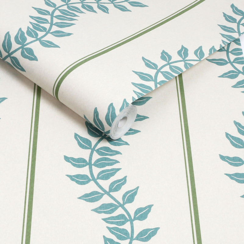 130290 Laurel Leaf Stripe Concerto Blue and Green Wallpaper By Graham & Brown