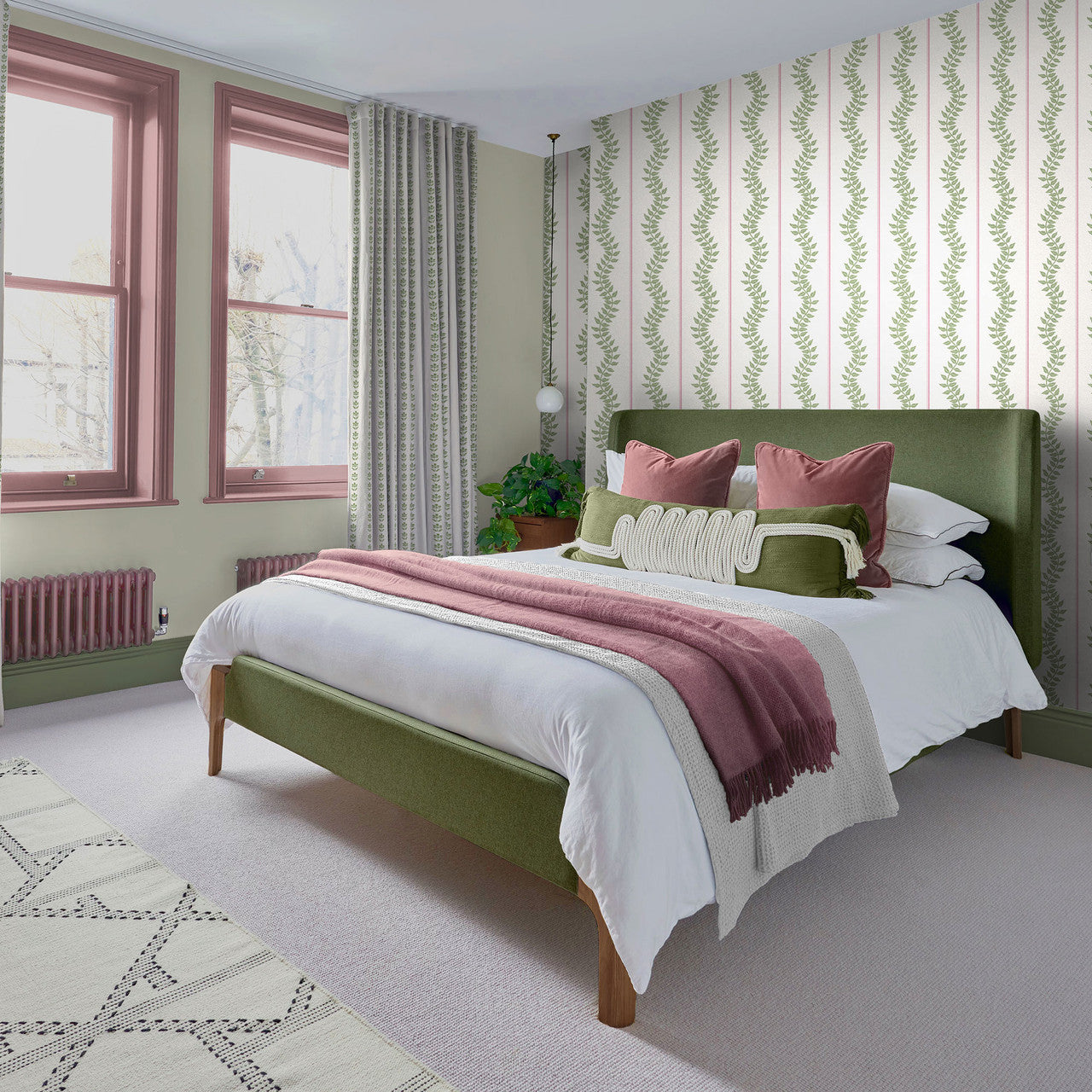 130292 Laurel Leaf Stripe Concerto Pink and Green Wallpaper By Graham & Brown