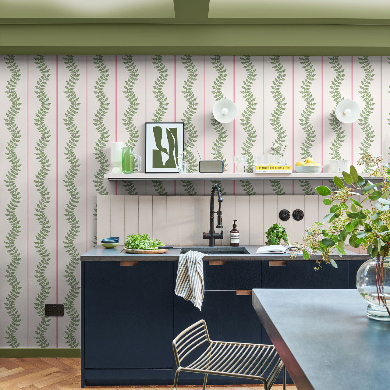 130292 Laurel Leaf Stripe Concerto Pink and Green Wallpaper By Graham & Brown