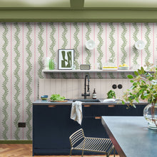 130292 Laurel Leaf Stripe Concerto Pink and Green Wallpaper By Graham & Brown