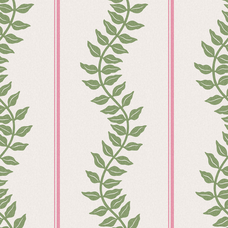 130292 Laurel Leaf Stripe Concerto Pink and Green Wallpaper By Graham & Brown