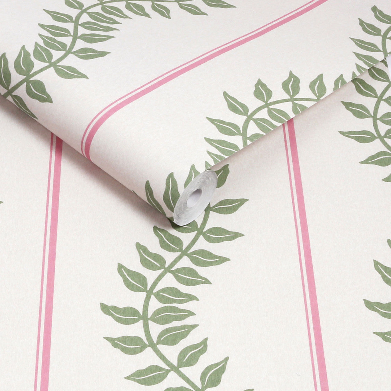 130292 Laurel Leaf Stripe Concerto Pink and Green Wallpaper By Graham & Brown