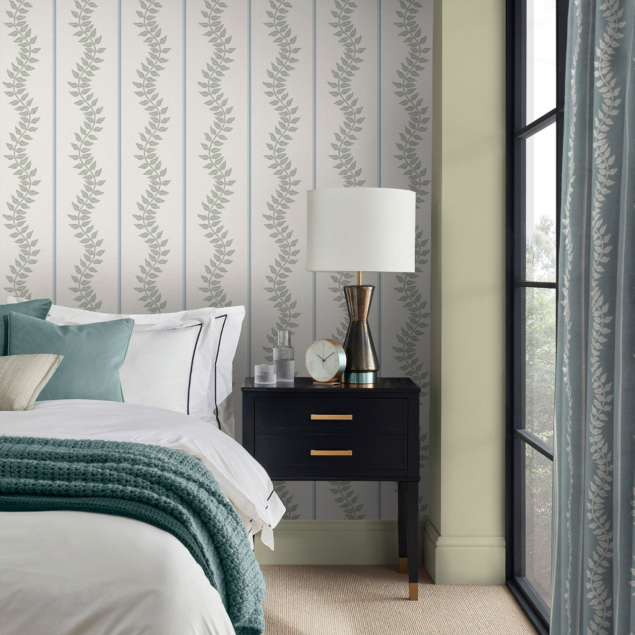 130294 Laurel Leaf Stripe Concerto Sky and Green Wallpaper By Graham & Brown