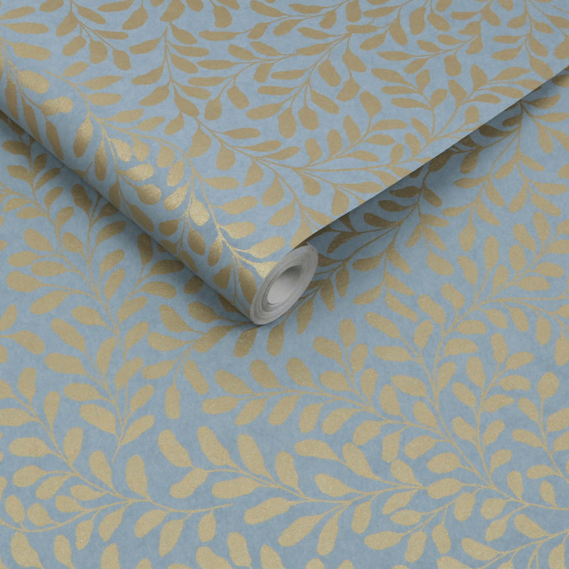 130368 Gilded Leaf Concerto Sky Blue & Pale Gold Wallpaper By Graham & Brown
