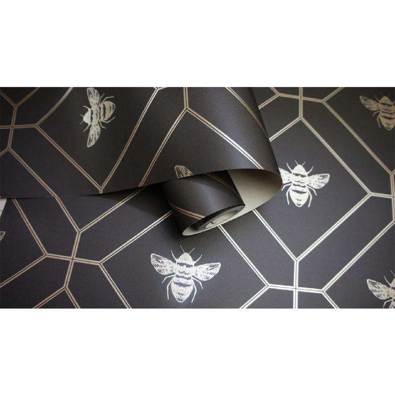 13081 Honeycomb Bee Charcoal Gold Wallpaper by Holden