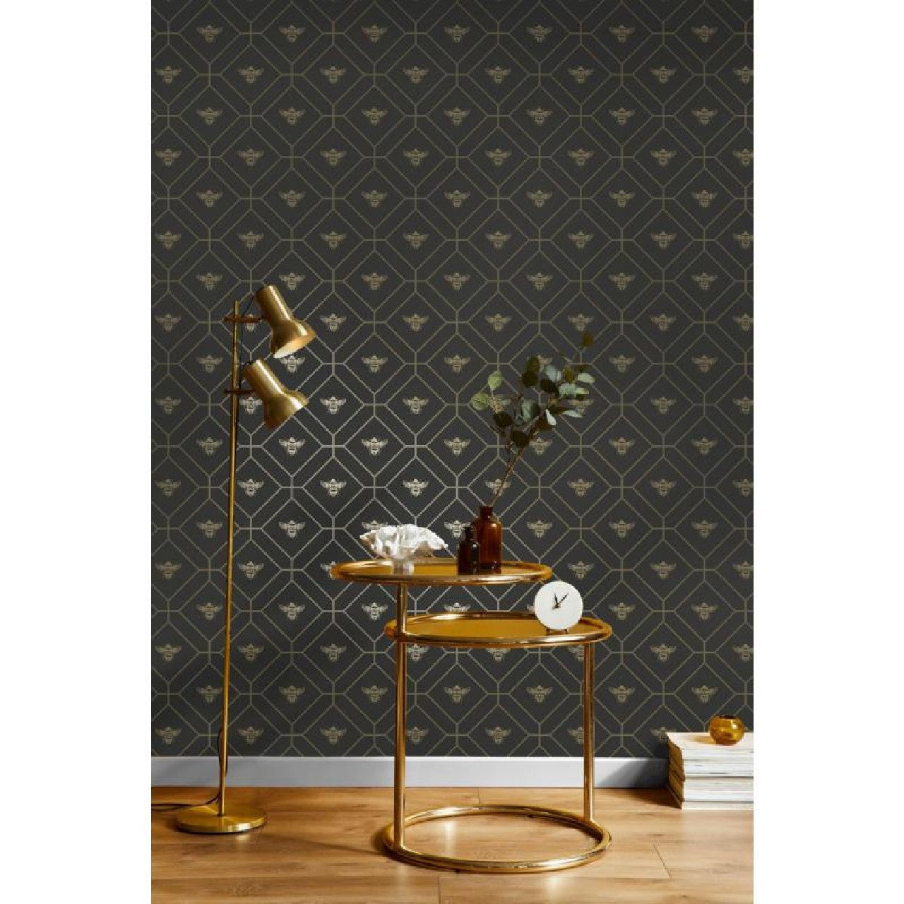 13081 Honeycomb Bee Charcoal Gold Wallpaper by Holden