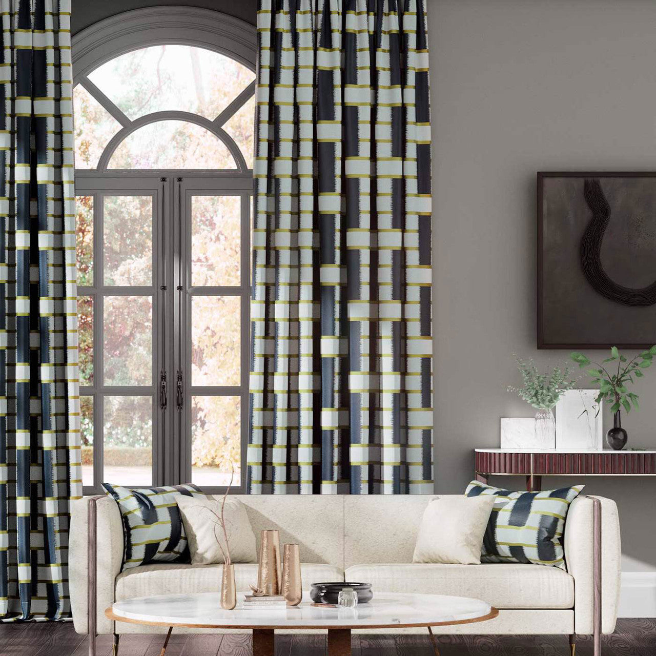 131352 Saki Momentum 6 Indigo / Ochre Fabric by Harlequin