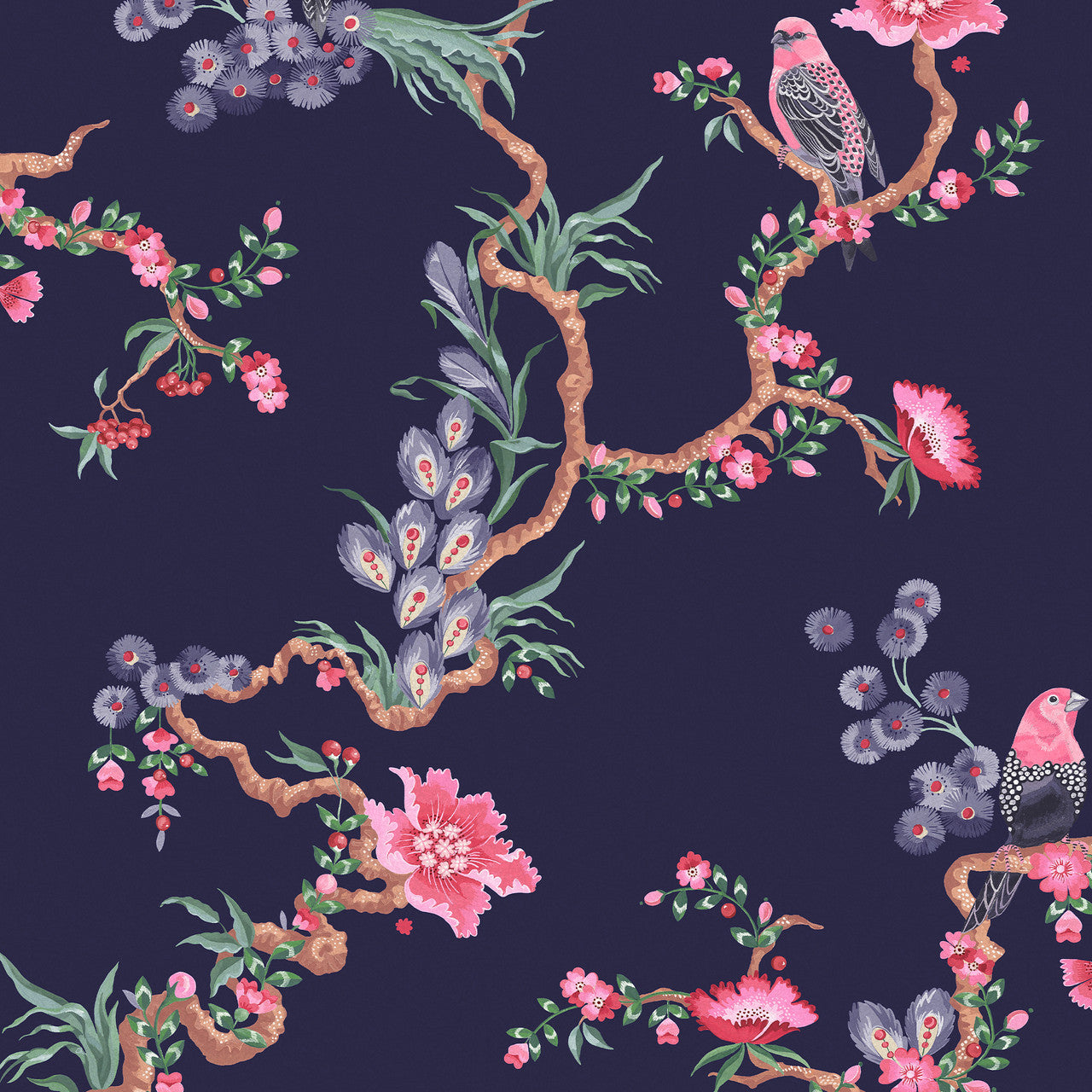 131427 Birds & Berries Navy Wallpaper by Cath Kidston