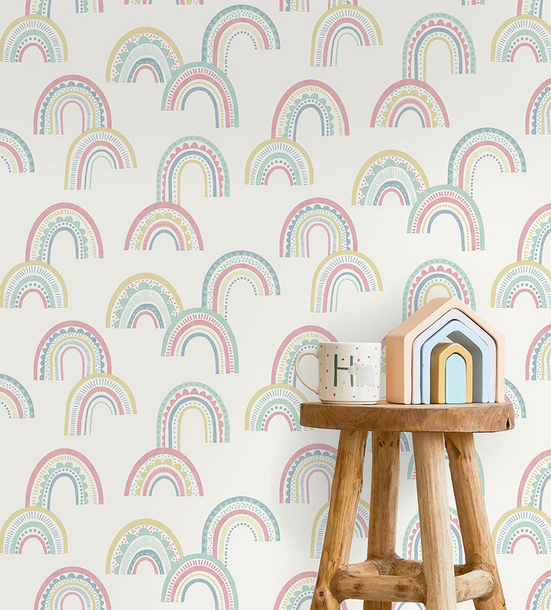 13281 Dream Catcher Boho Rainbow Pink and Duckegg Wallpaper by Holden Decor