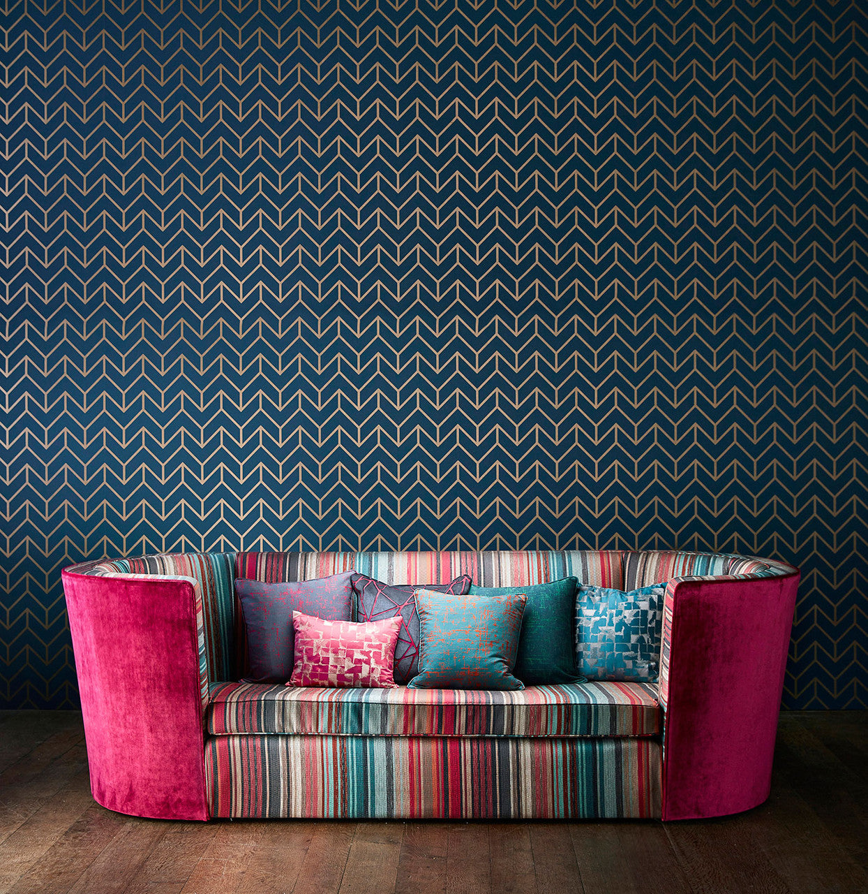 132826 Spectro Stripe Momentum 9 Cerise / Marine / Coral Fabric by Harlequin