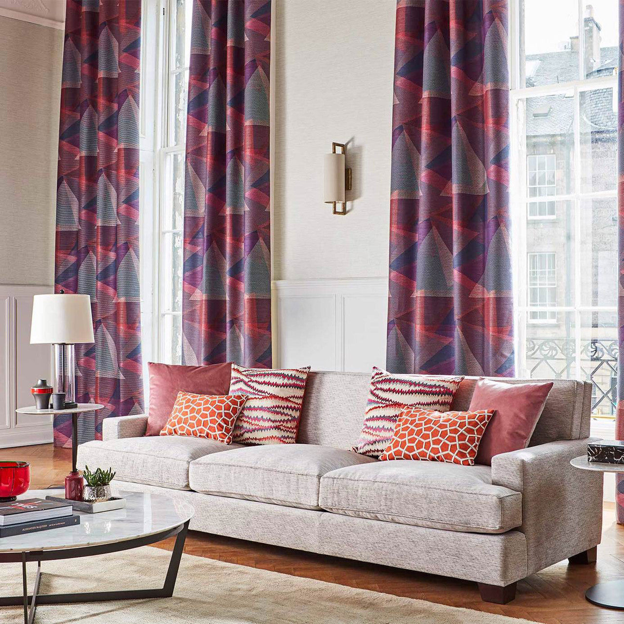 132992 Adaxial Momentum 12 Ink / Tulip / Coral Fabric by Harlequin