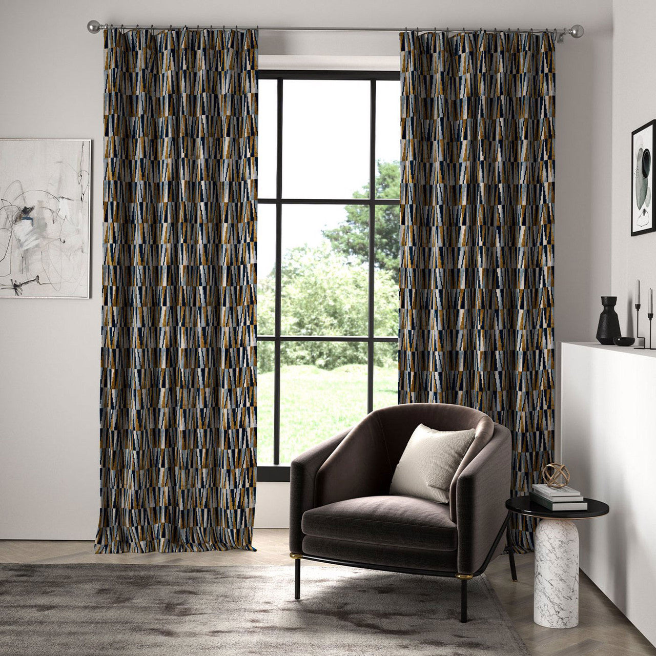 133495 Acute Momentum 13 Cobalt / Ochre Fabric by Harlequin