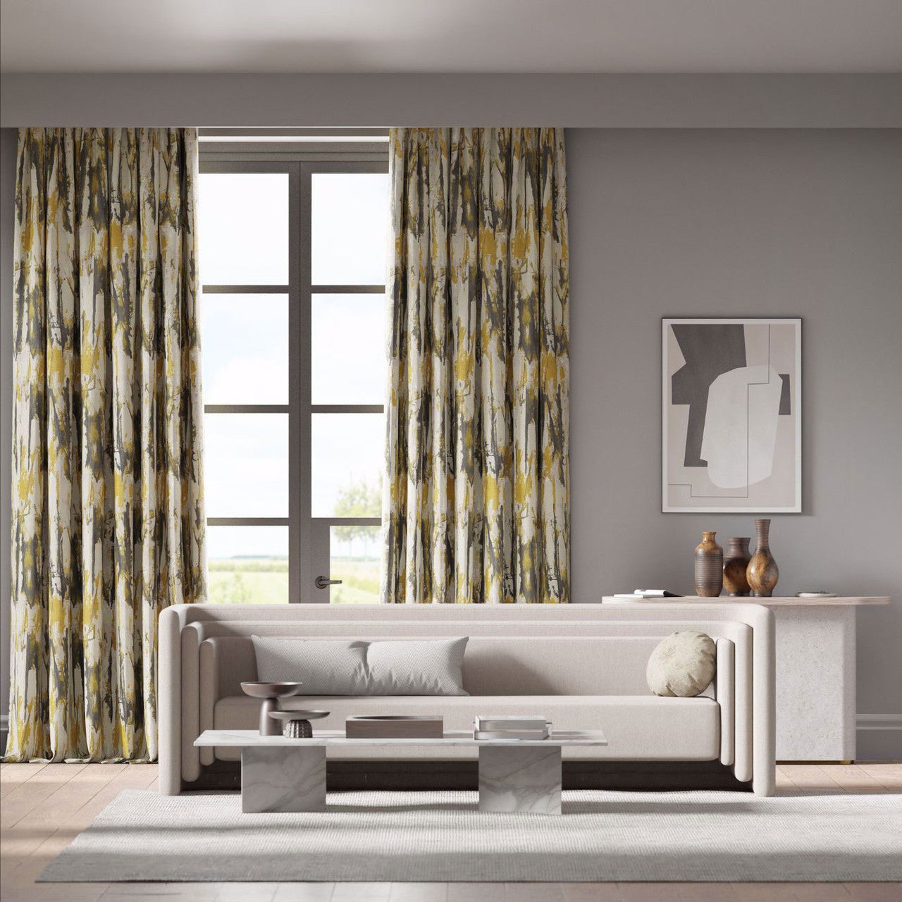 133917 Eco Takara Colour 4 Ochre Temple Grey Harlequin Fabric
