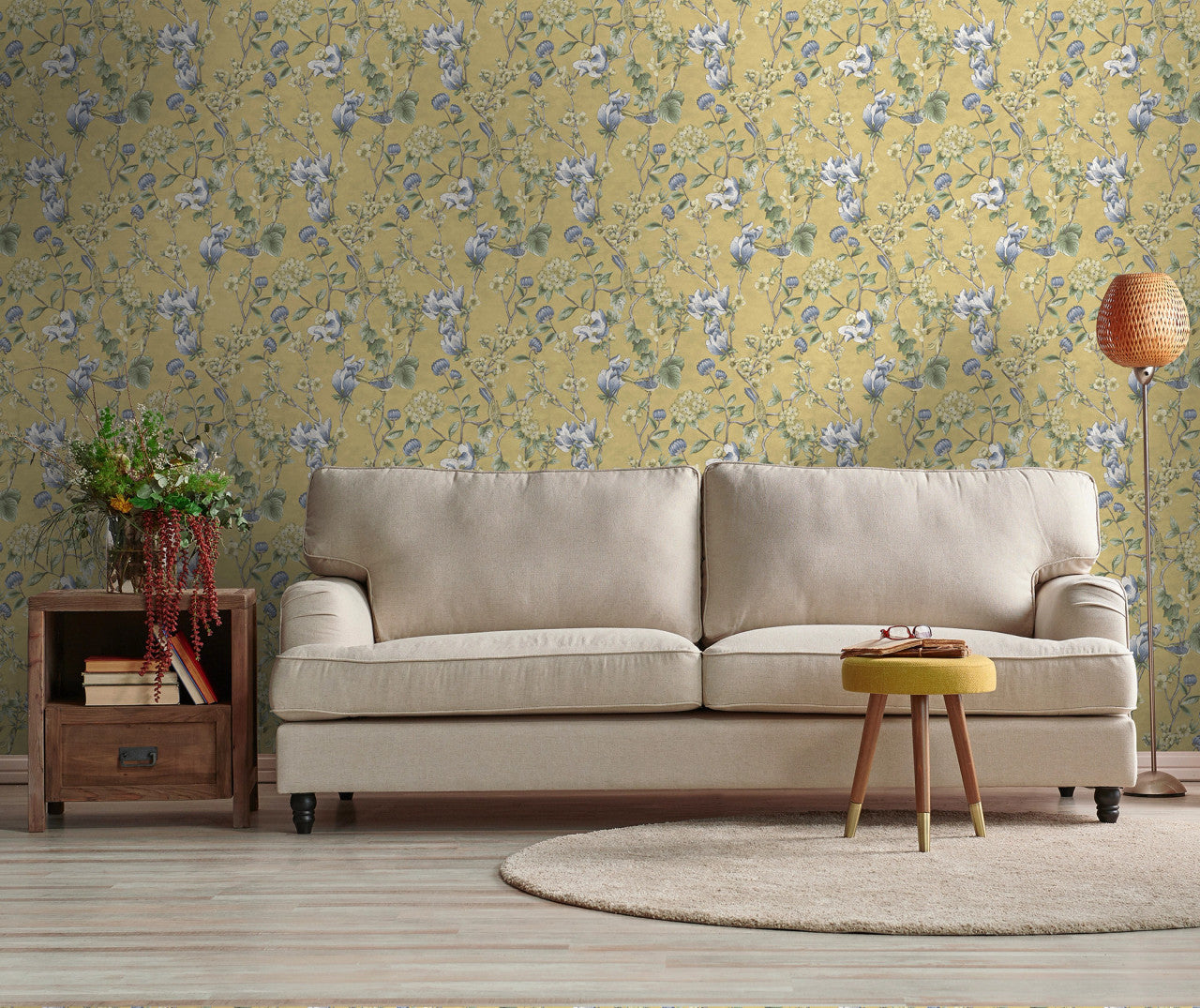 13601 Floral Bird Trail Ochre Wallpaper by Holden Decor