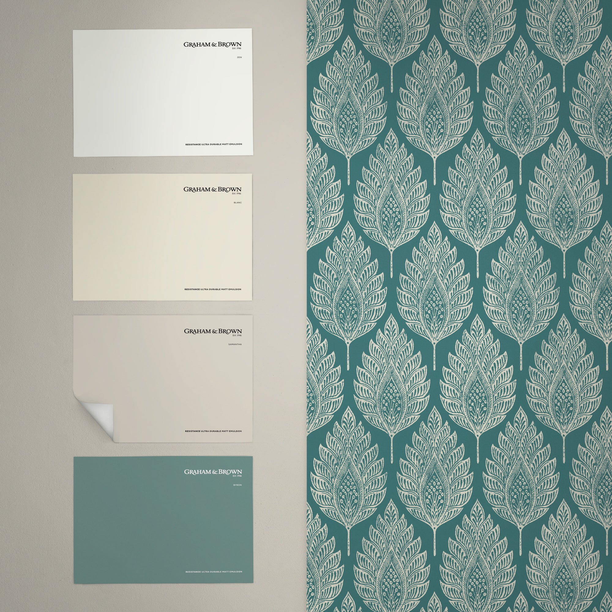 142309 Flame Leaf Teal Wallpaper by Graham & Brown