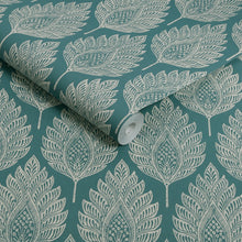 142309 Flame Leaf Teal Wallpaper by Graham & Brown