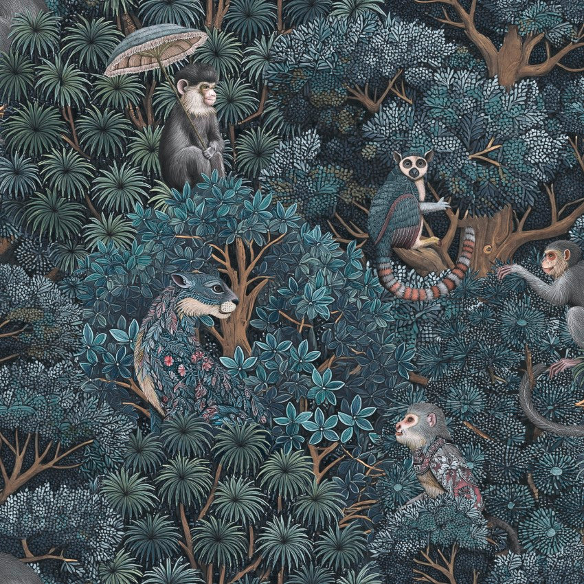 142313 Treetop Troop Navy & Teal Wallpaper by Graham & Brown