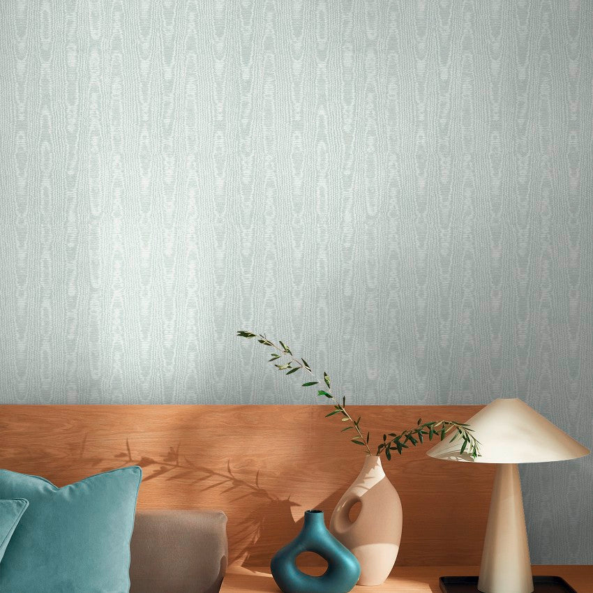 142360 Moire Duck Egg Wallpaper by Graham & Brown