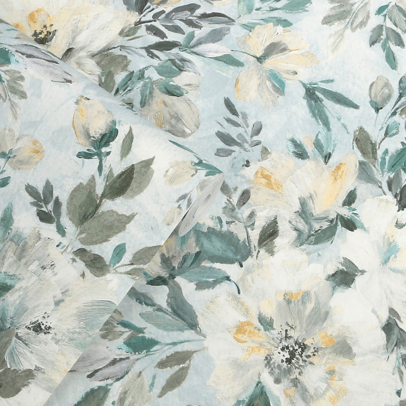 Elowen Peony Pale Teal Wallpaper by Laura Ashley