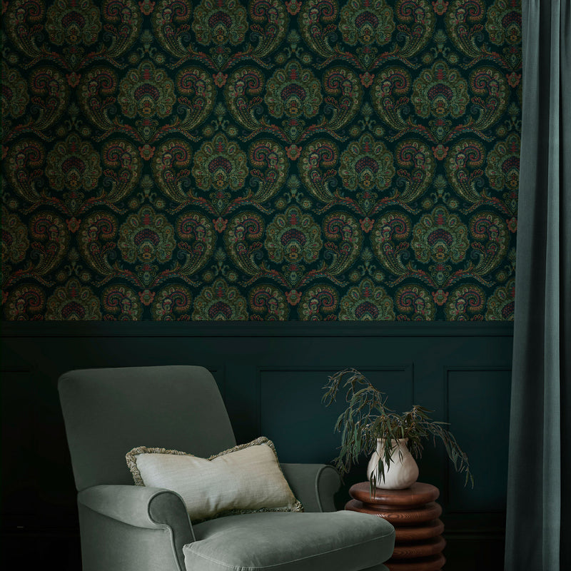 143515 Paisley Tapestry Petrol Wallpaper by Graham & Brown