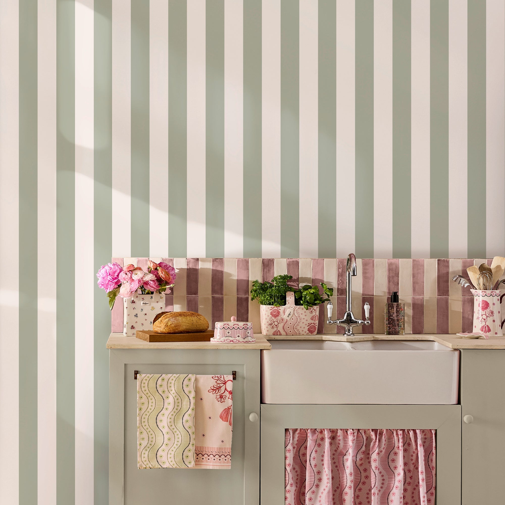 145326 Canopy Stripe Sage Green Wallpaper by Cath Kidston