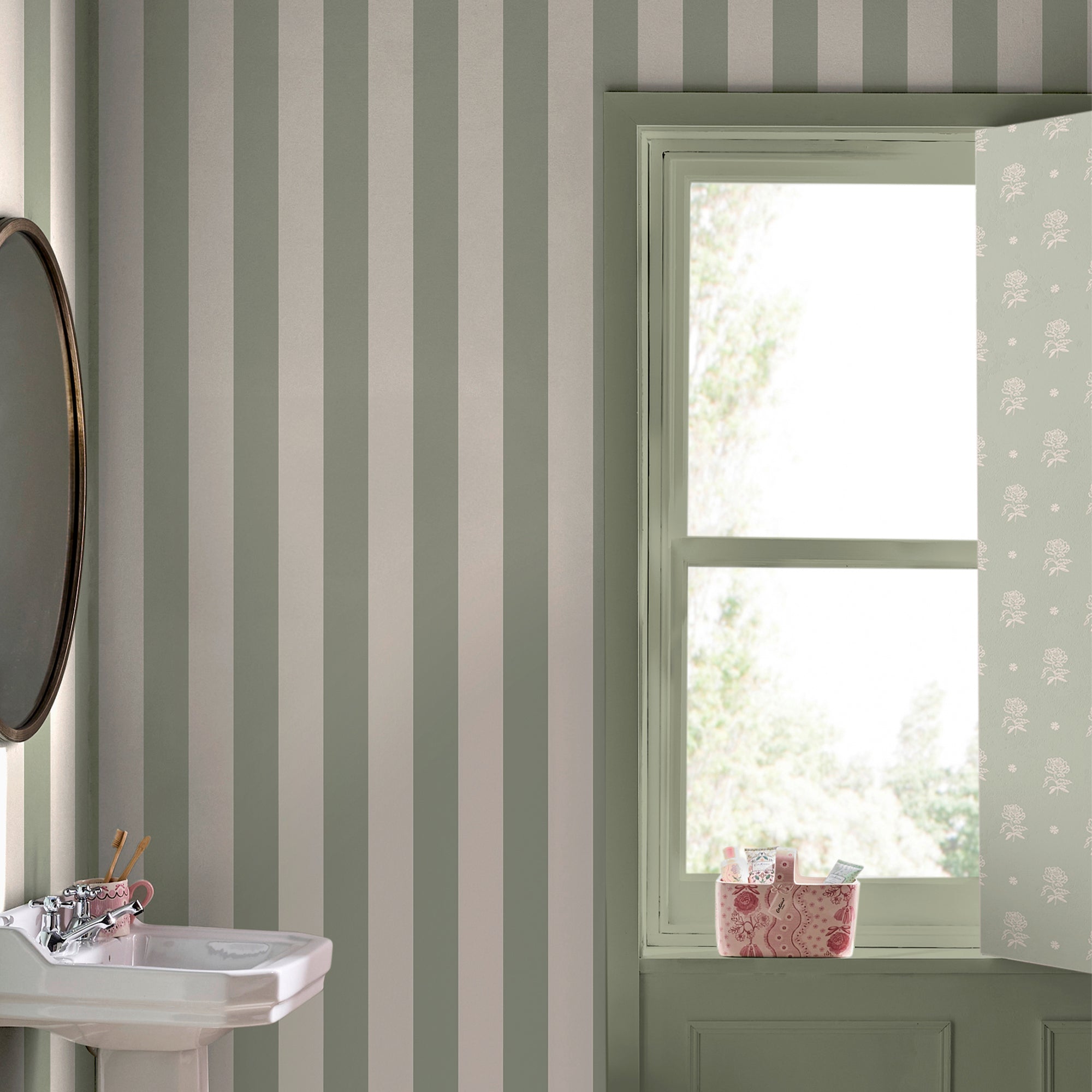 145326 Canopy Stripe Sage Green Wallpaper by Cath Kidston