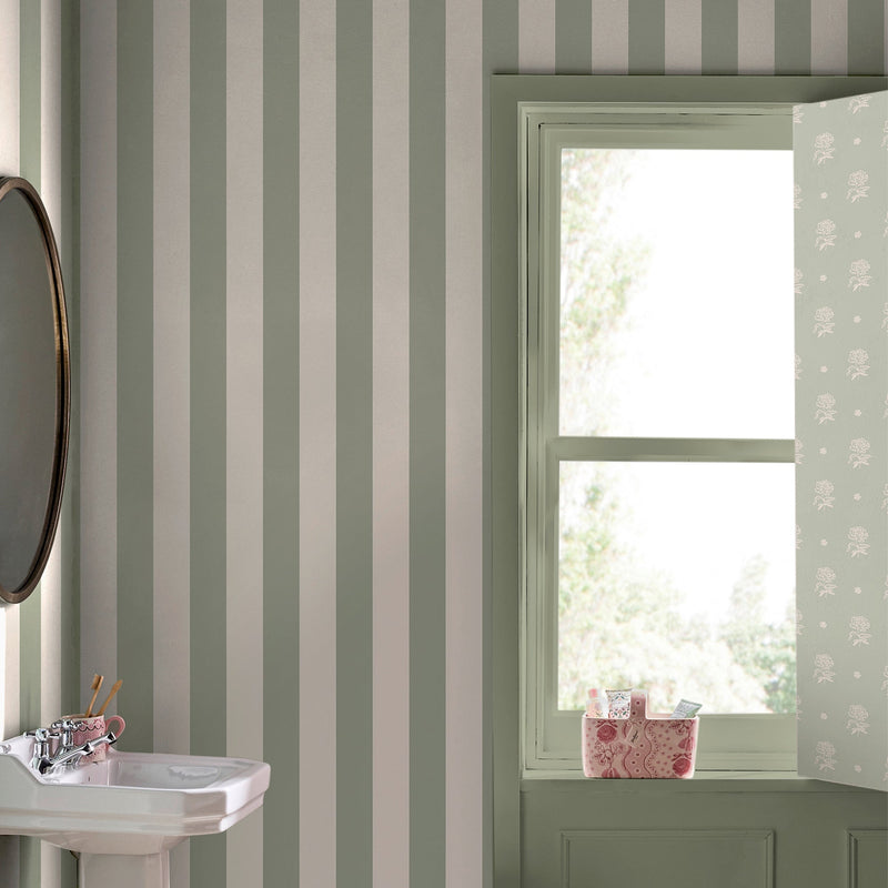 145326 Canopy Stripe Sage Green Wallpaper by Cath Kidston