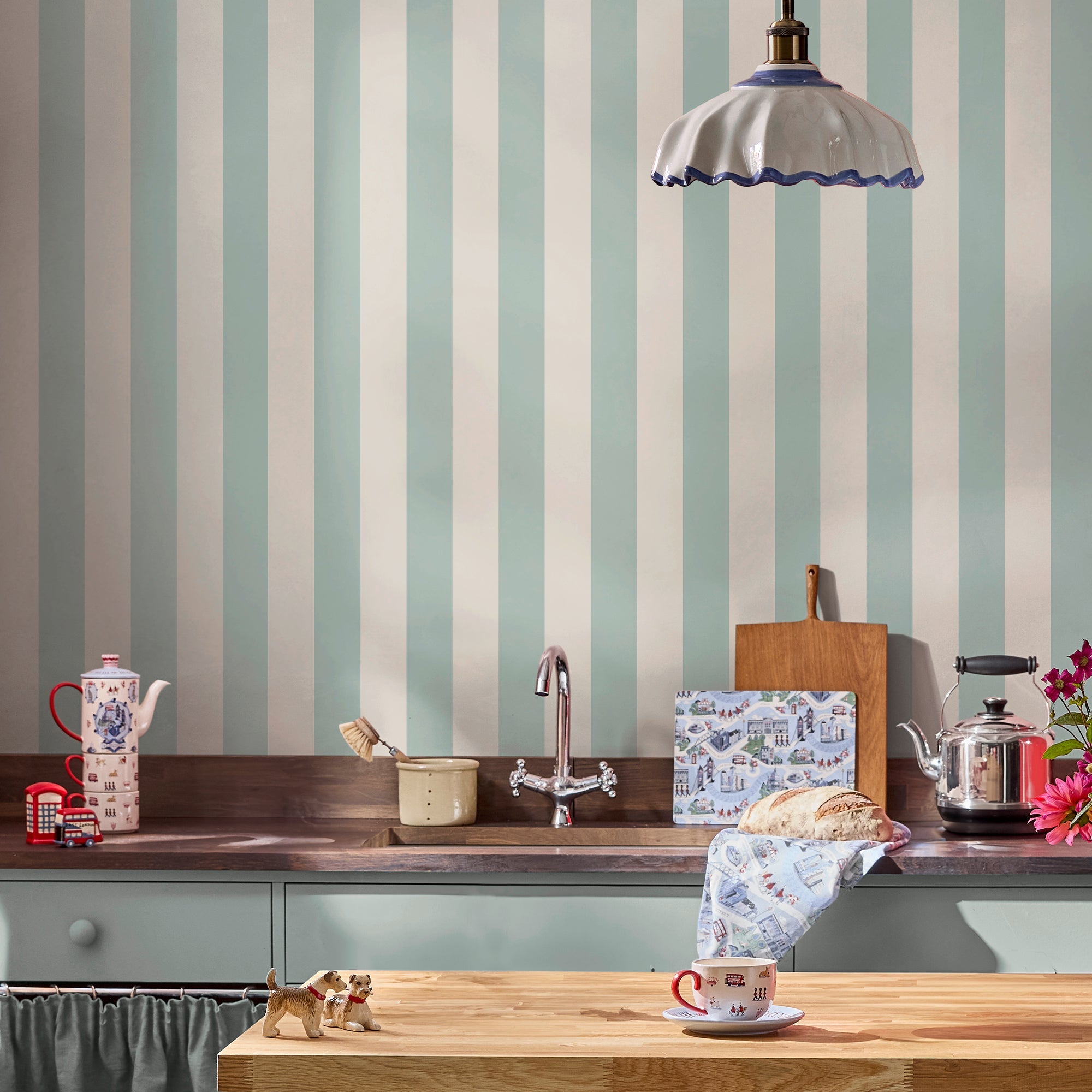 145328 Canopy Stripe Duck Egg Blue Blue Wallpaper by Cath Kidston