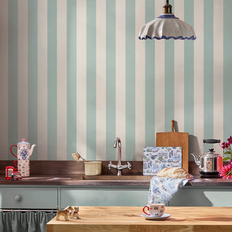 145328 Canopy Stripe Duck Egg Blue Blue Wallpaper by Cath Kidston
