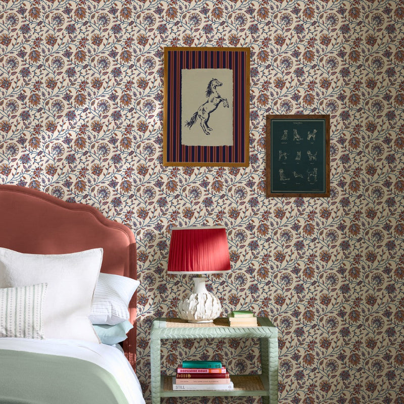 145383 Trailing Indienne Floral - Blue & Orange Blue & Orange Wallpape