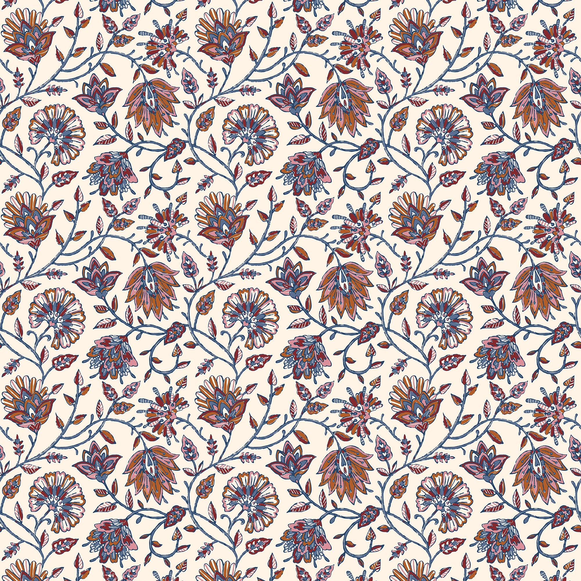 145383 Trailing Indienne Floral - Blue & Orange Blue & Orange Wallpape