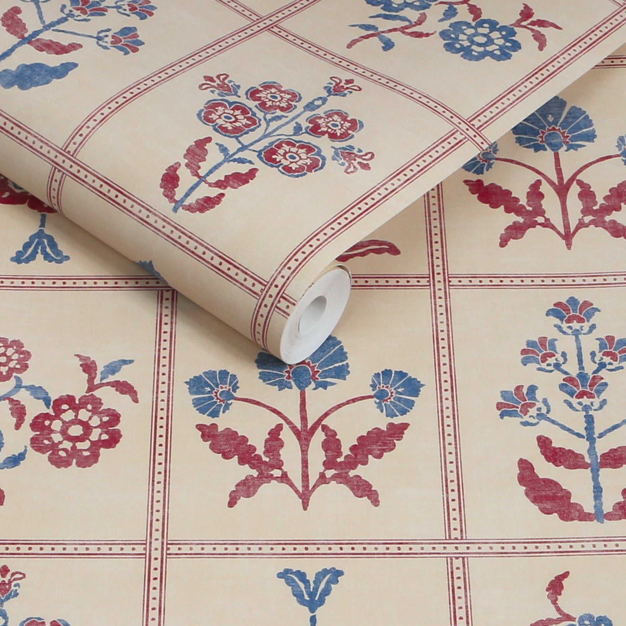 145384 Garden Floral Grid Red & Blue Wallpaper by Joules