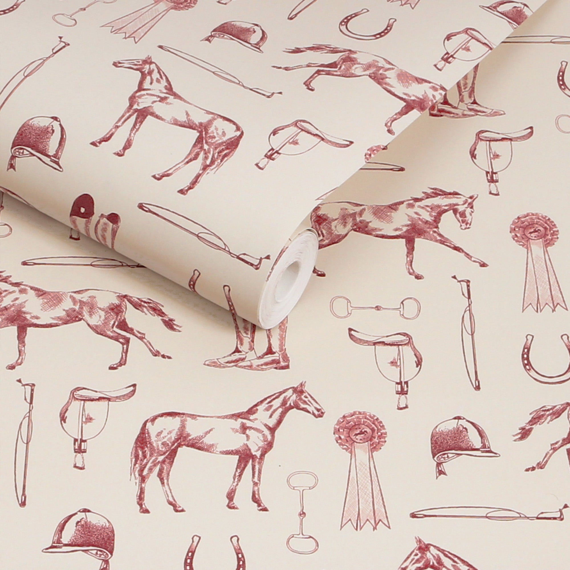 145385 Sketched Equestrian Cream / Burgundy Wallpaper by Joules