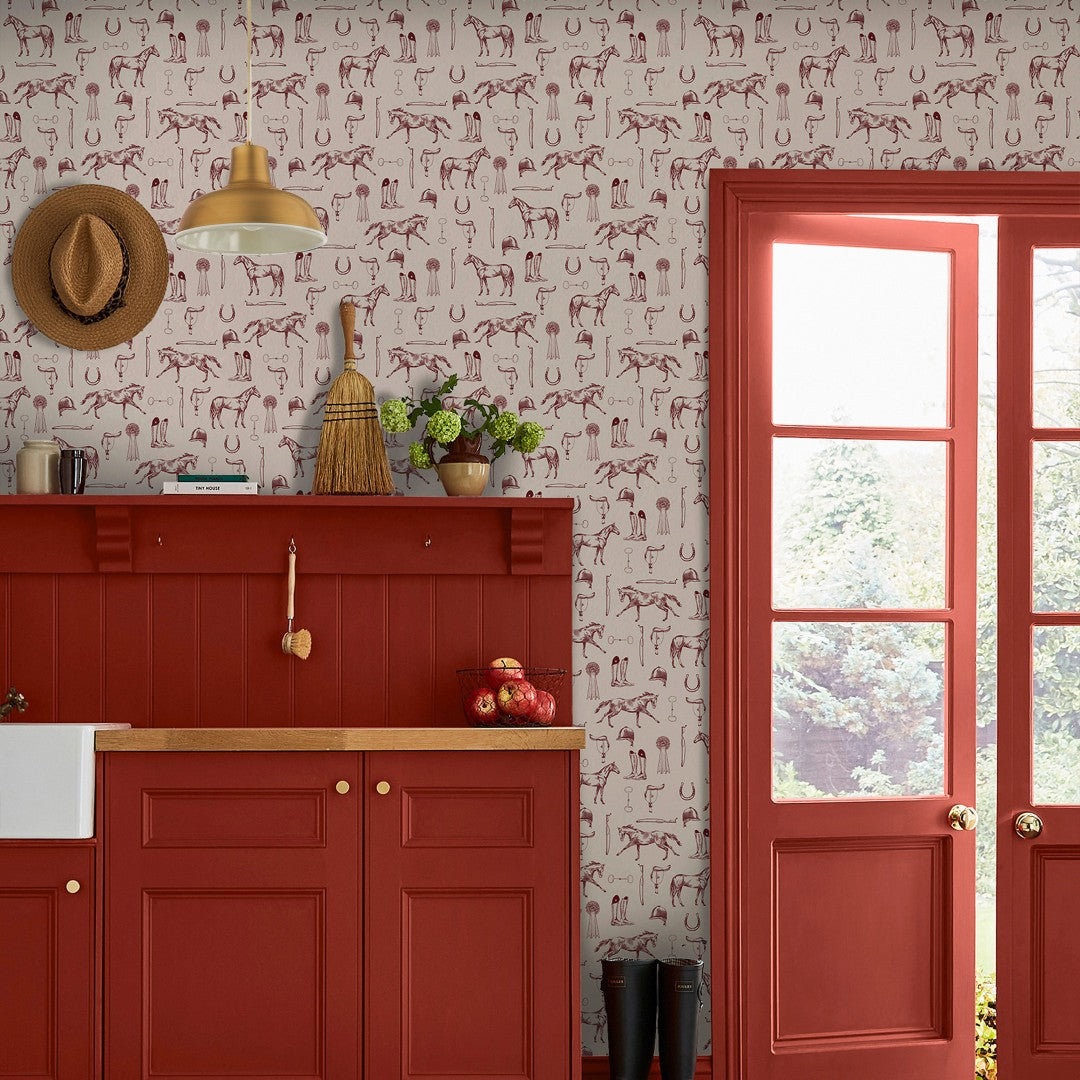 145385 Sketched Equestrian Cream / Burgundy Wallpaper by Joules
