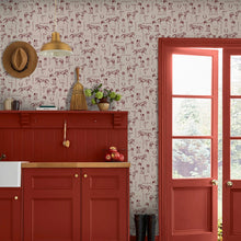 145385 Sketched Equestrian Cream / Burgundy Wallpaper by Joules