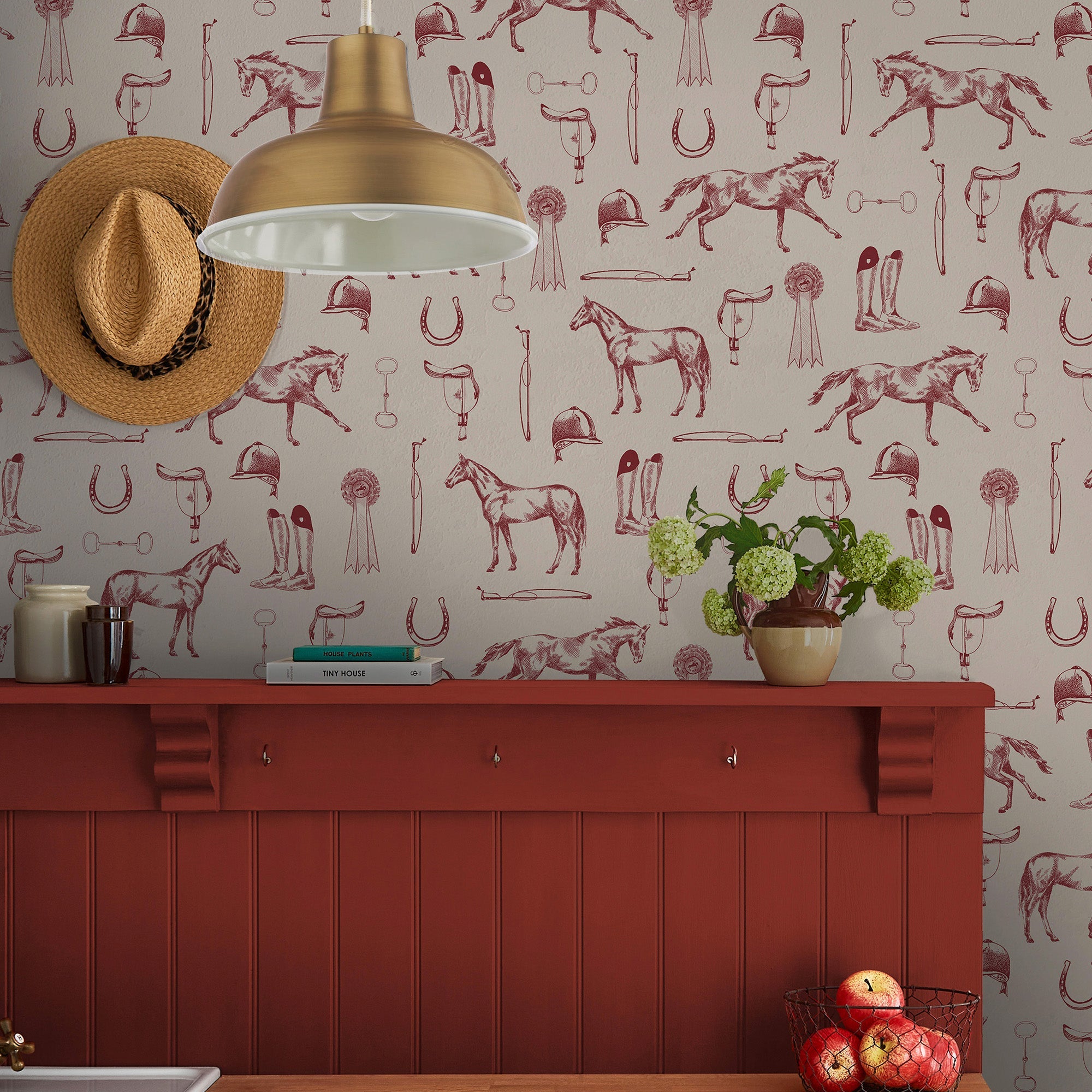 145385 Sketched Equestrian Cream / Burgundy Wallpaper by Joules