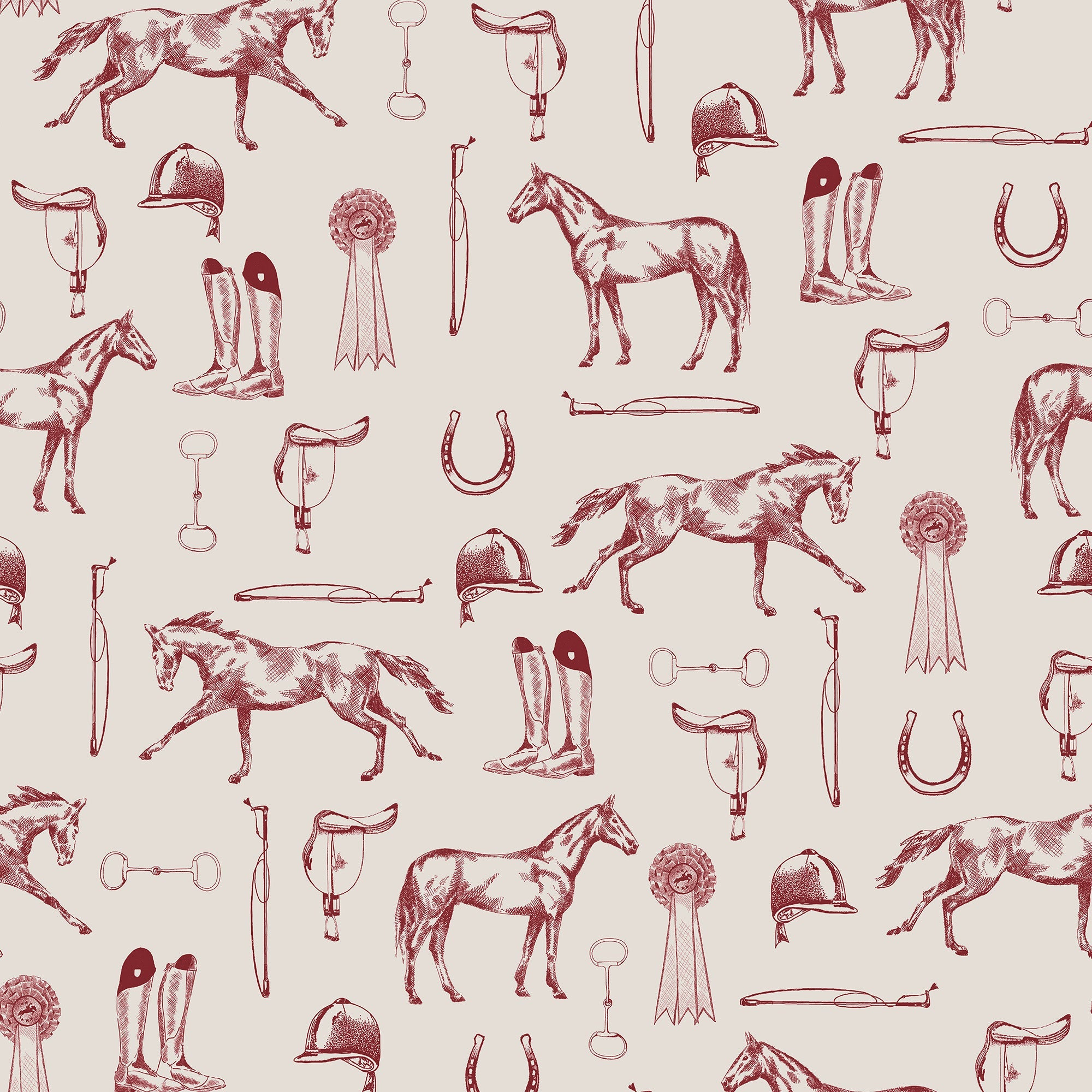 145385 Sketched Equestrian Cream / Burgundy Wallpaper by Joules