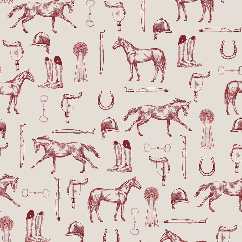 145385 Sketched Equestrian Cream / Burgundy Wallpaper by Joules