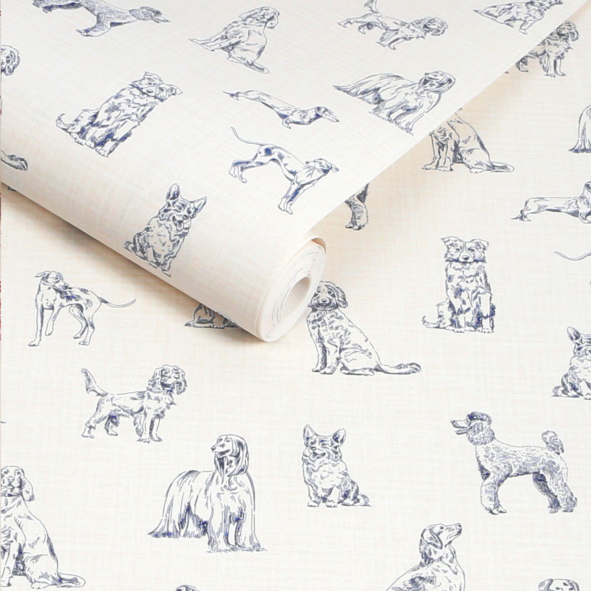 145388 Sketched Dogs Cream & Blue Wallpaper by Joules