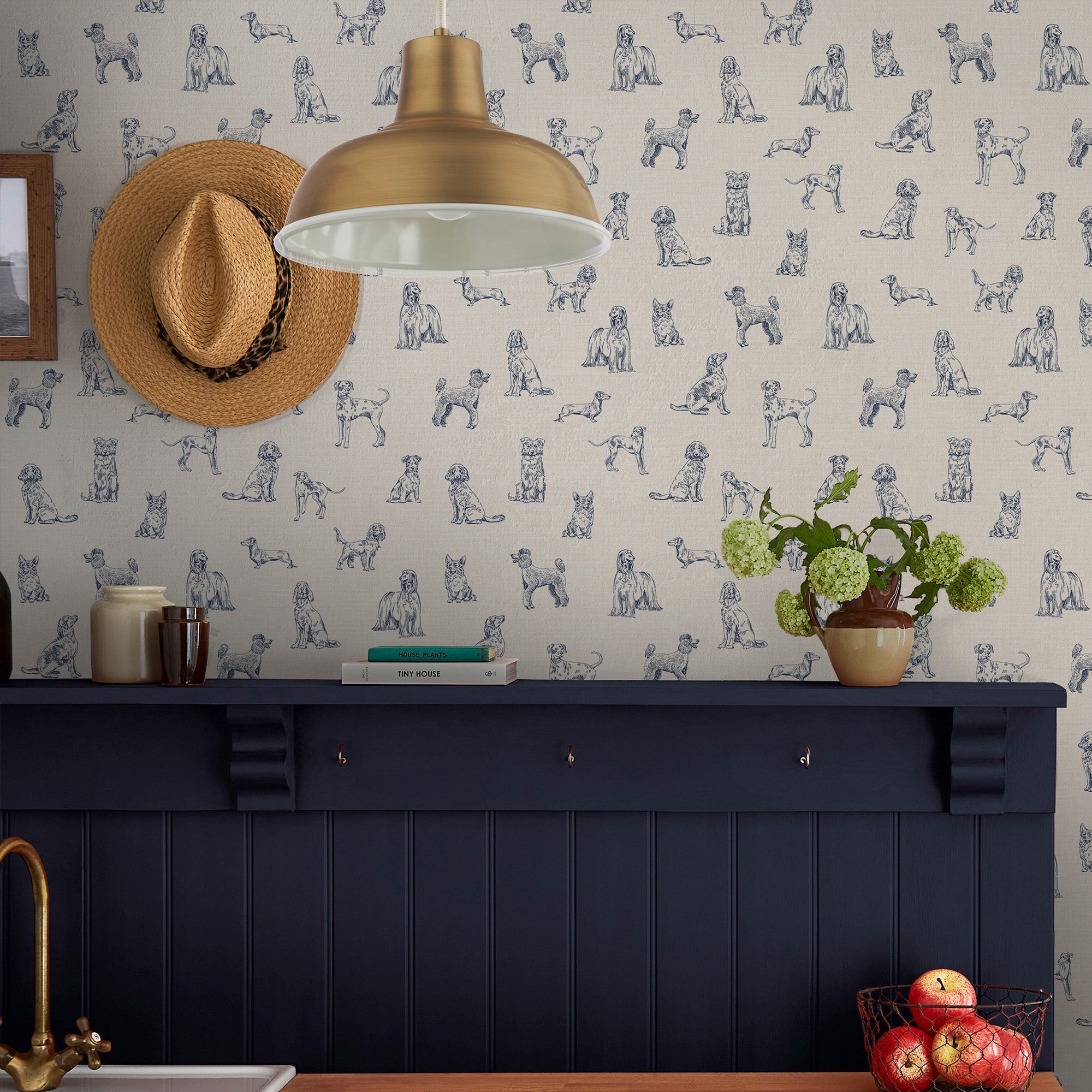 145388 Sketched Dogs Cream & Blue Wallpaper by Joules