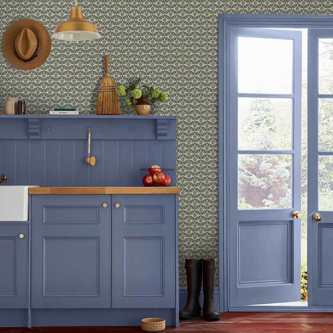 145390 Stately Floral Green & Blue Wallpaper by Joules