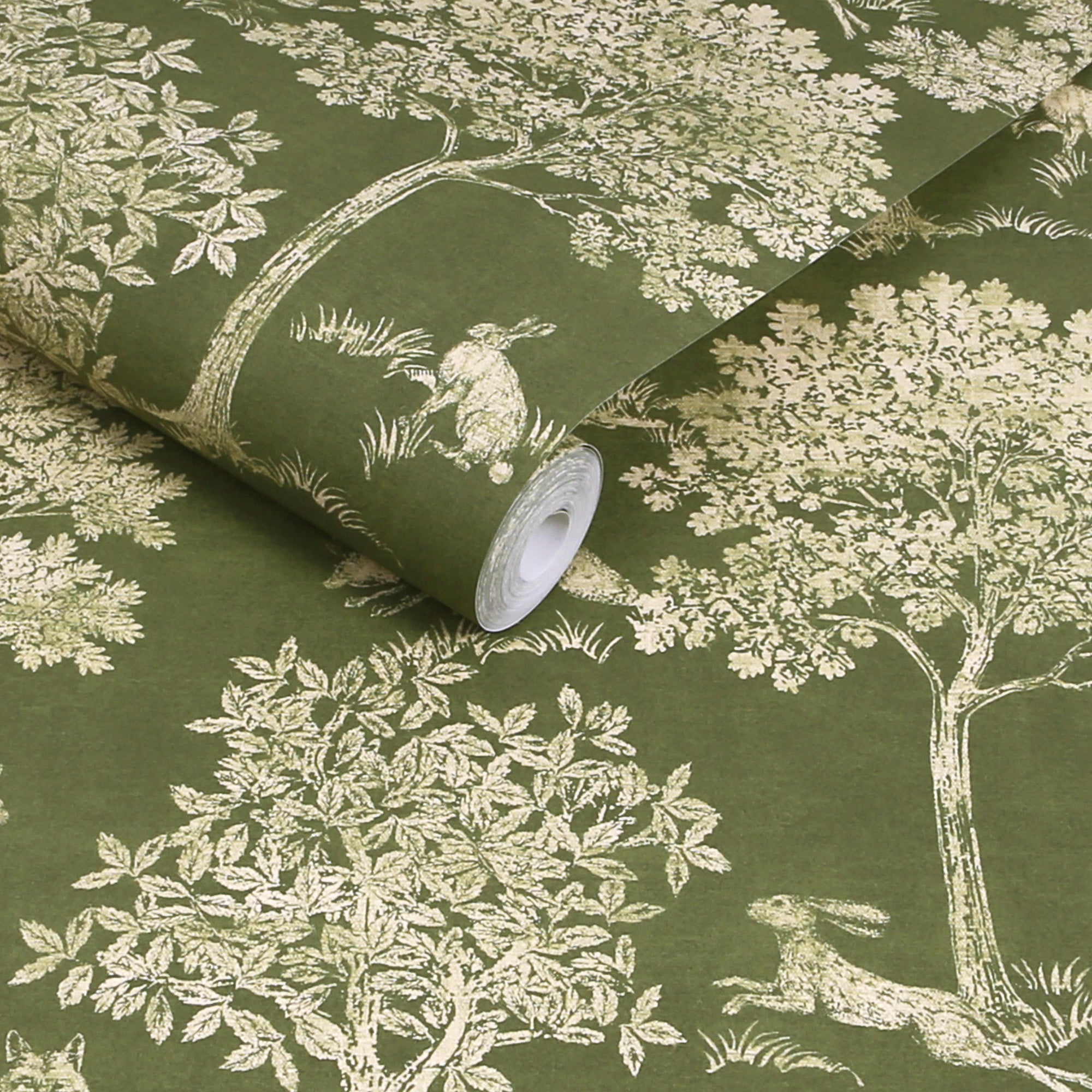 145391 Fox and Hare Olive Green Wallpaper by Joules